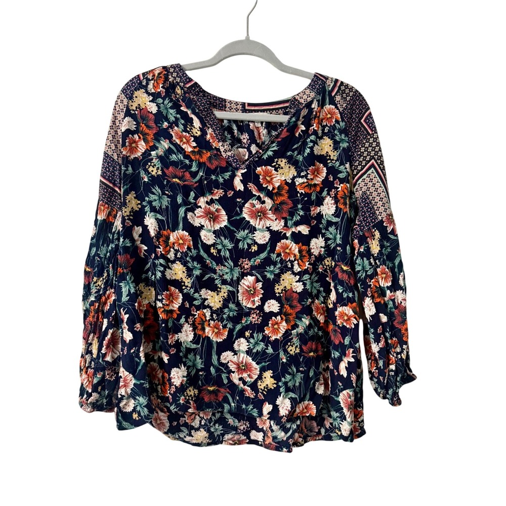 Jodifl Womens Navy Blue Floral Print Boho Peasant Blouse Long Sleeve Size M